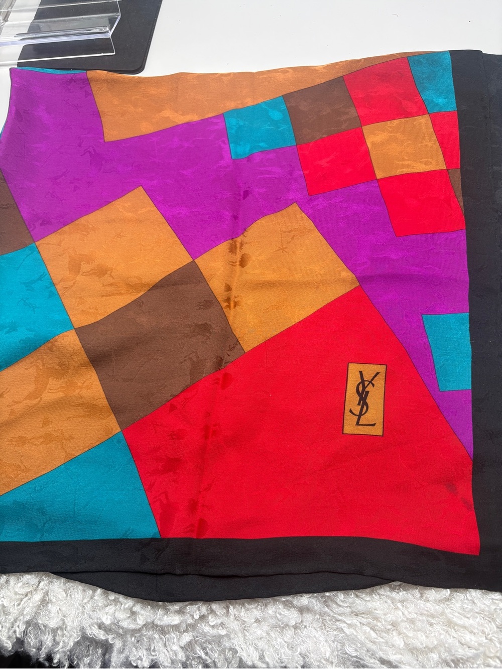 Vintage YSL Yves Saint Laurent Silk Scarf Multicolor Geometric Logo